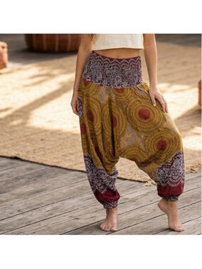 Boho Harem Pants Smocked Aladdin Mandala Floral Print Thailand Yoga Lagenlook